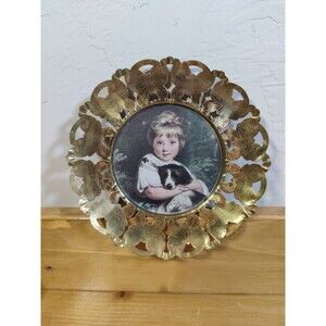 Vtg BRASS PIERCED ROUND Girl W Dog FRAME 6" ART DECOR MADE IN ENGLAND Butterfly
